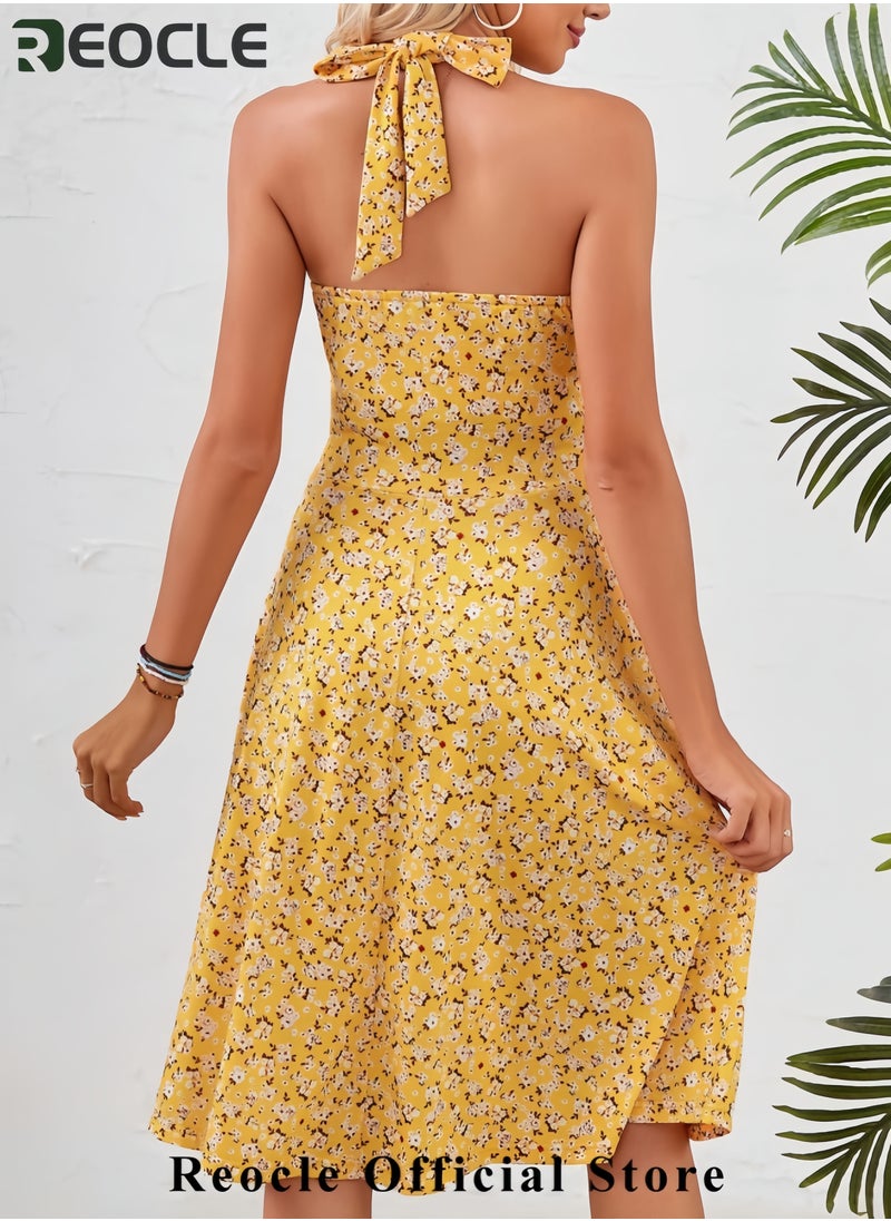 Women's Summer Sundress Sleeveless Halter Neck Spring Floral with Pocket Elastic Waist Ruffle Mini Dresses