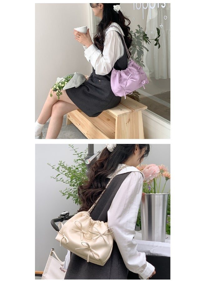 Spring Bow Chain Bag Women's Small Fresh Shoulder Bag Female Niche Soft Leather Pleated Bucket Bag
