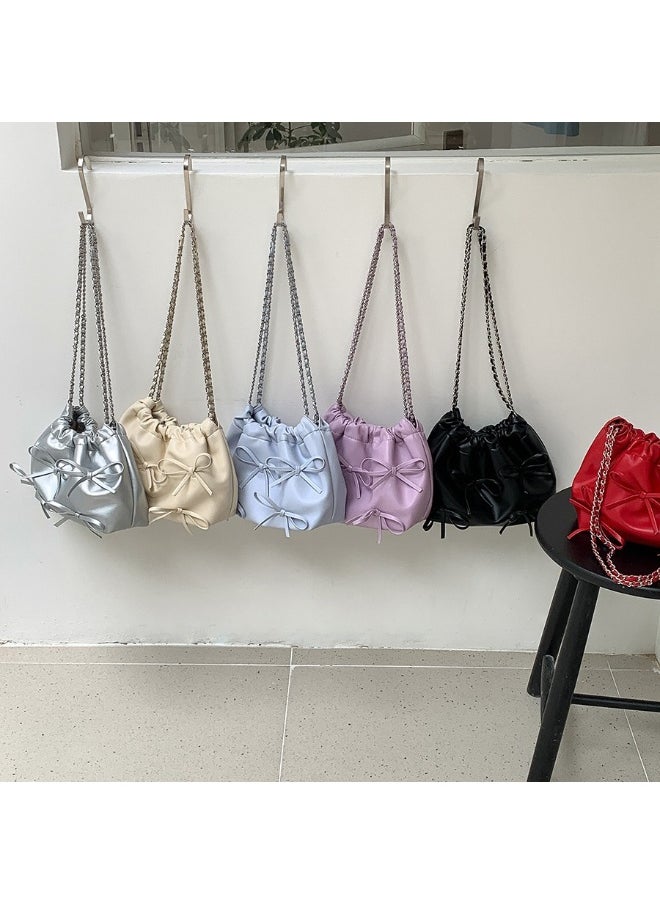 Spring Bow Chain Bag Women's Small Fresh Shoulder Bag Female Niche Soft Leather Pleated Bucket Bag