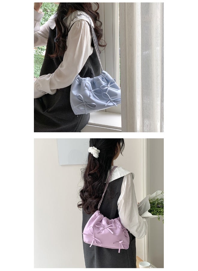 Spring Bow Chain Bag Women's Small Fresh Shoulder Bag Female Niche Soft Leather Pleated Bucket Bag