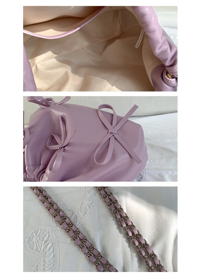 Spring Bow Chain Bag Women's Small Fresh Shoulder Bag Female Niche Soft Leather Pleated Bucket Bag