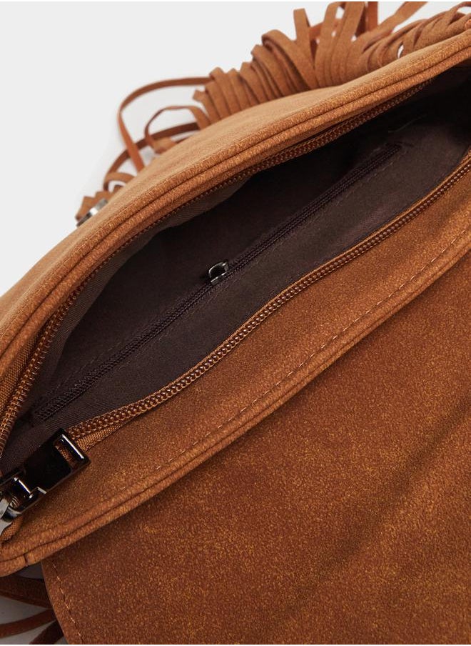 Suede Look Crossbody Bag with Fringes Detail