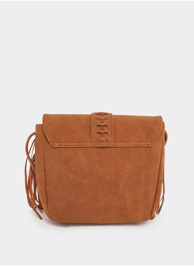 Suede Look Crossbody Bag with Fringes Detail