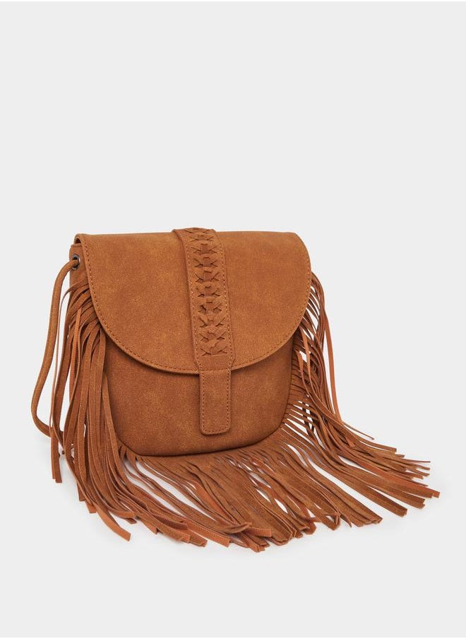 Suede Look Crossbody Bag with Fringes Detail