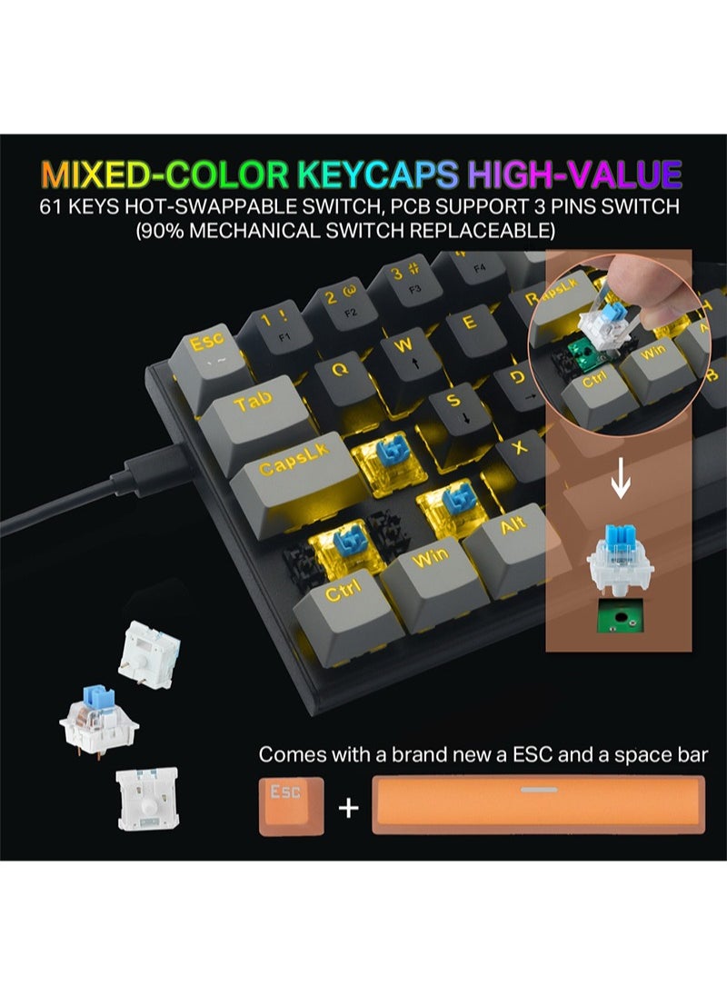 Z-11 61 Keys Mechanical Gaming Keyboard,Blue Switch 60% Wired Compact Keyboard,RGB Backlit and Metal Panel for Windows,Mac OS-Black Grey