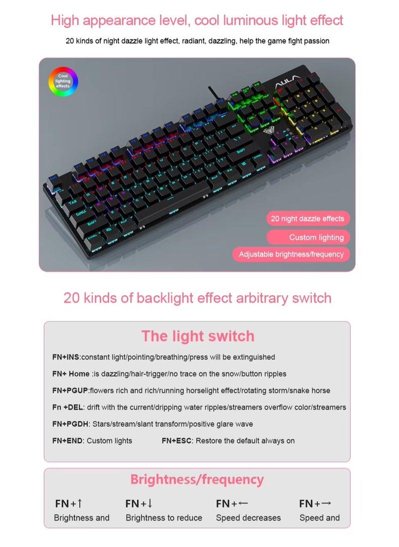 AULA S2022 Mechanical Gaming Keyboard Blue Switch,Full Size USB Wired Computer Keyboards
