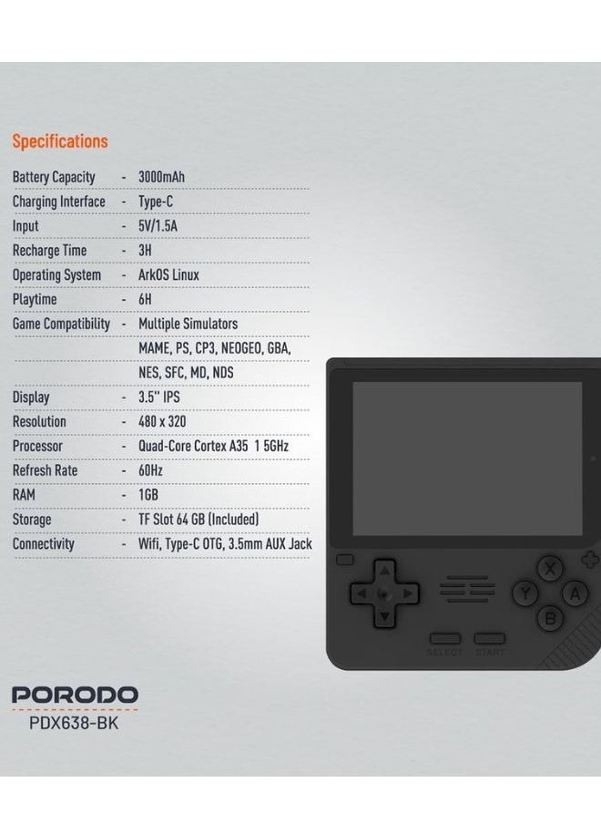 Porodo Gaming Retro Arcade Game Console – 5000+ Built-in Games, 19 Emulators, 3.5