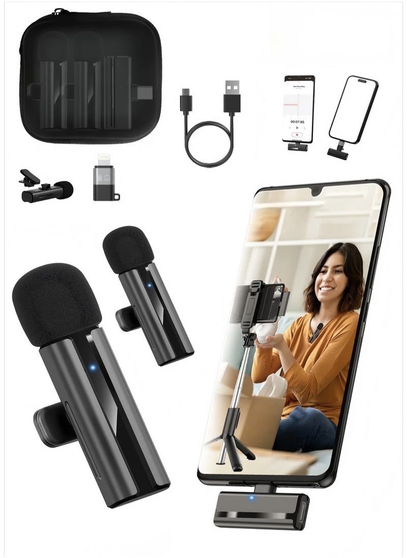 Wireless Lavalier Microphone for Type-C Phone- Plug-Play Wireless Mic with 2 Microphone for USB-C Android Phone and iPhone Video Recording- Interview- Vlog- Auto Sync and Noise Reduction- 2.4 GHZ