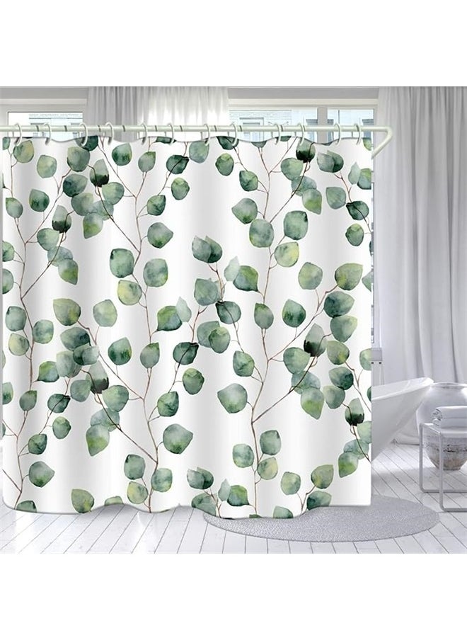 Leaves Printed Shower Curtain With Hooks White/Green/Brown 180x180cm，Modern Bathroom Decor - Shower Curtain for Bathtub, Waterproof Washable Fabric with Hooks