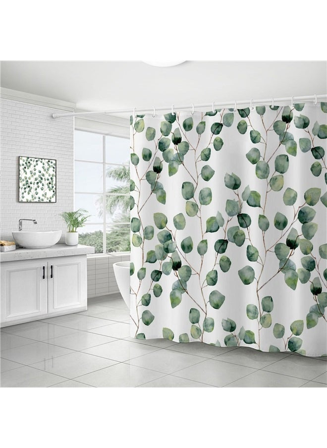 Leaves Printed Shower Curtain With Hooks White/Green/Brown 180x180cm，Modern Bathroom Decor - Shower Curtain for Bathtub, Waterproof Washable Fabric with Hooks