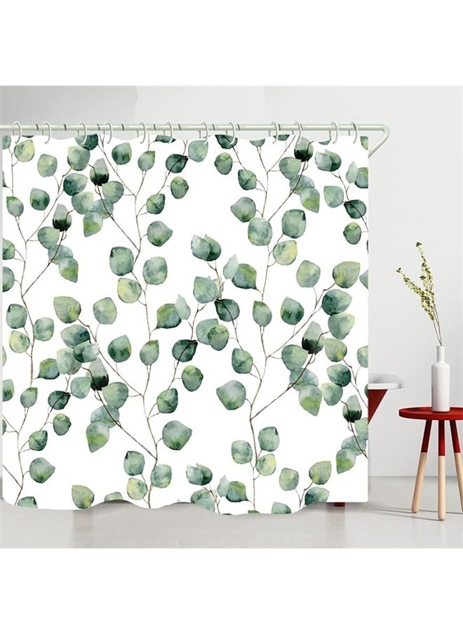 Leaves Printed Shower Curtain With Hooks White/Green/Brown 180x180cm，Modern Bathroom Decor - Shower Curtain for Bathtub, Waterproof Washable Fabric with Hooks