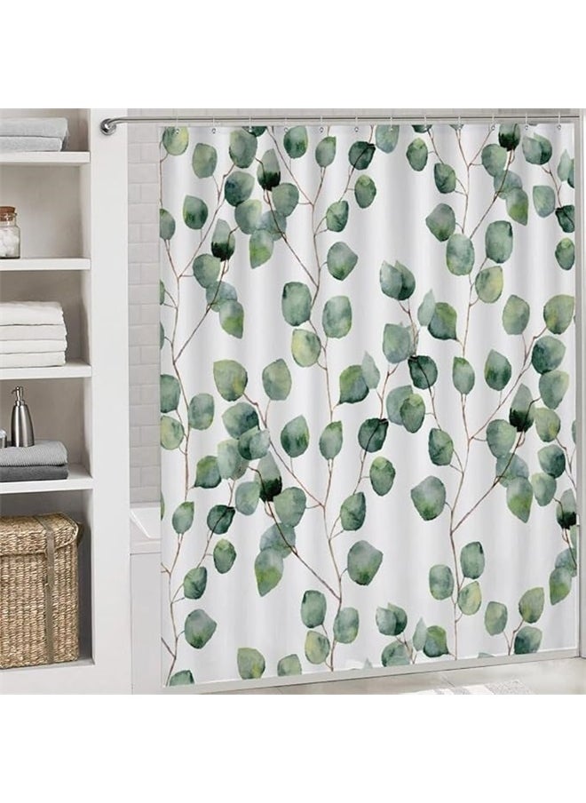 Leaves Printed Shower Curtain With Hooks White/Green/Brown 180x180cm，Modern Bathroom Decor - Shower Curtain for Bathtub, Waterproof Washable Fabric with Hooks