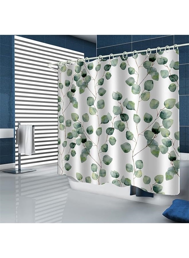 Leaves Printed Shower Curtain With Hooks White/Green/Brown 180x180cm，Modern Bathroom Decor - Shower Curtain for Bathtub, Waterproof Washable Fabric with Hooks