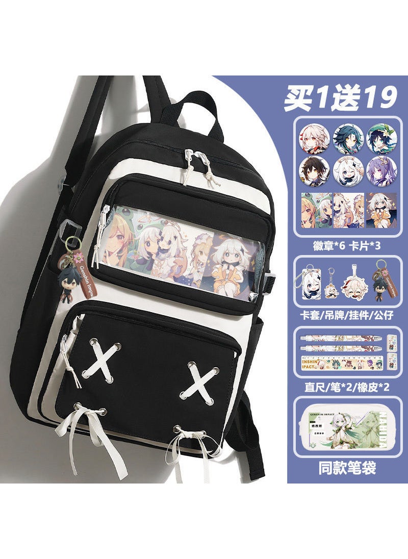 Genshin Impact Anime Backpack Large Capacity Elementary School Black No Pattern-Send 19 Pieces Set