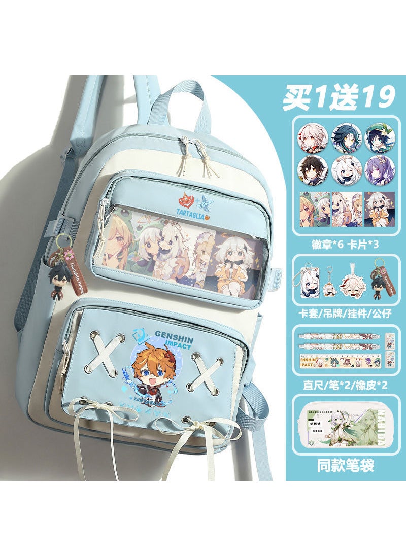 Genshin Impact Anime Backpack Large Capacity Elementary School Blue 326-19-piece set