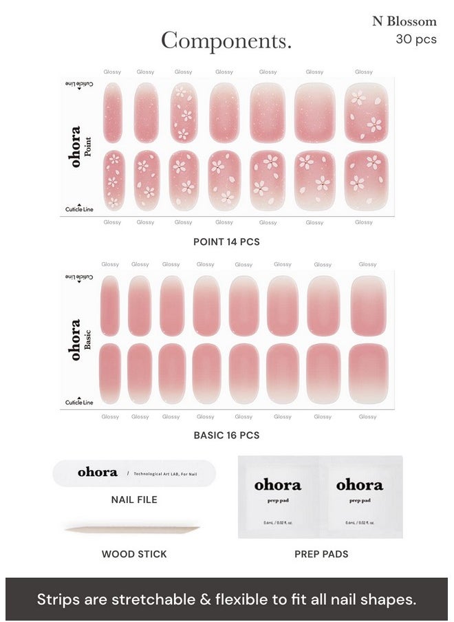 ohora Semi Cured Gel Nail Strips (N Blossom) - Nude, Ombre, Works with Any UV/LED Nail Lamps, Salon-Quality, Long Lasting, Easy to Apply & Remove - Includes 2 Prep Pads, Nail File & Wooden Stick
