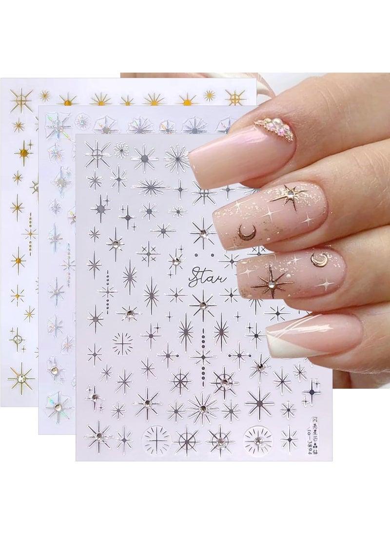 3 Sheets Star Nail Stickers for Nail Art 3D Chrome Nail Art Stickers with Rhinestones Self-Adhesive Glitter Designs Nail Art Supplies Laser Gold Silver Nail Decals Star Charms for Women Acrylic Nails