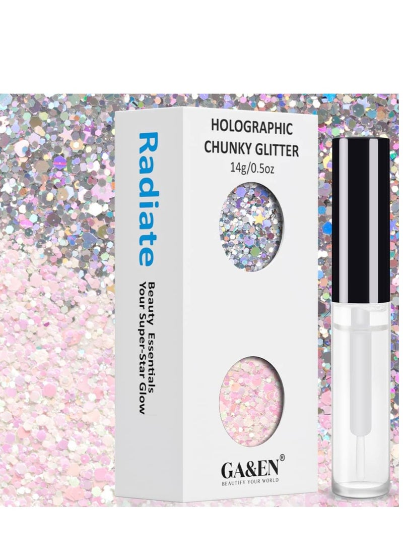 Silver and Light Pink&White Holographic Chunky Glitter Cosmetic Body Hair Face Eye Nail for Festival Carnival Concert Party Beauty Rave Accessories Different Shapes 14g+ Quick Dry Primer Glue Gel