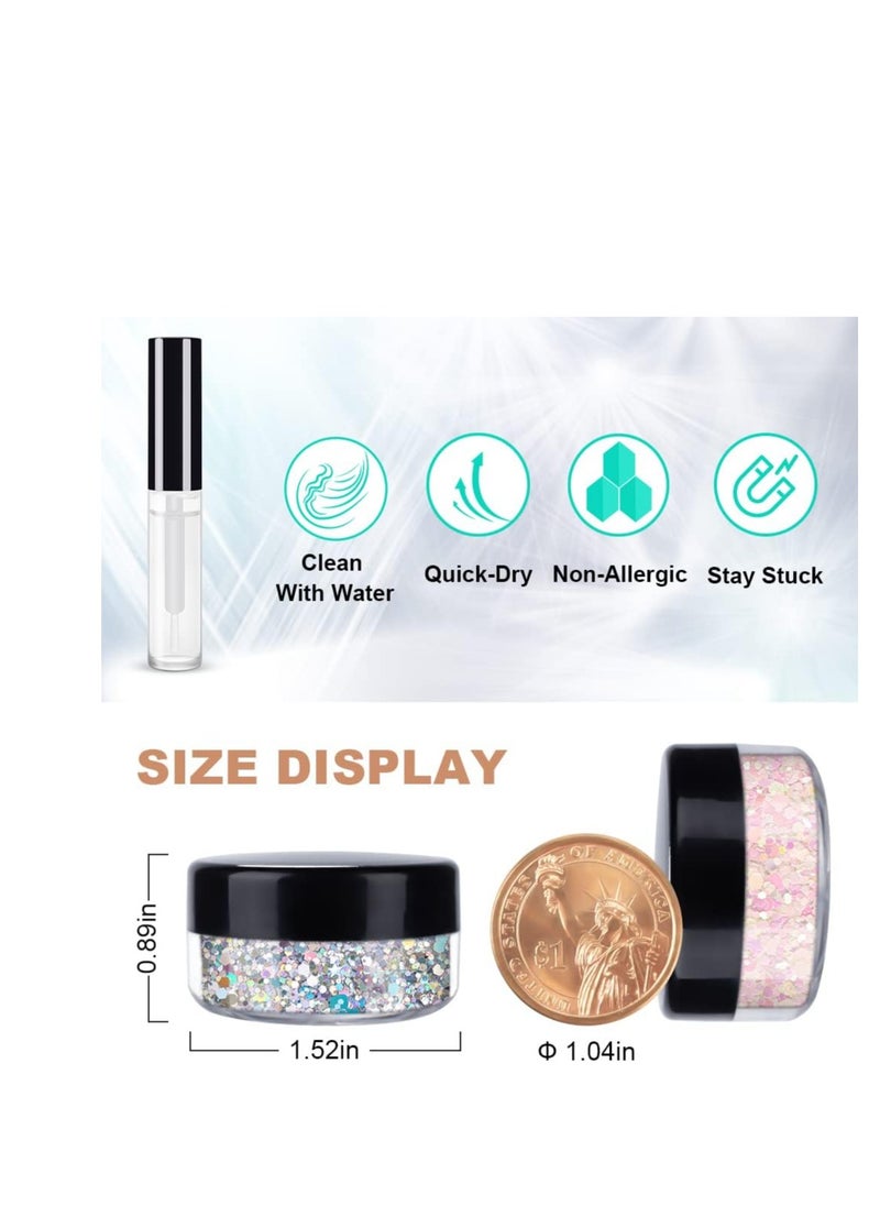 Silver and Light Pink&White Holographic Chunky Glitter Cosmetic Body Hair Face Eye Nail for Festival Carnival Concert Party Beauty Rave Accessories Different Shapes 14g+ Quick Dry Primer Glue Gel