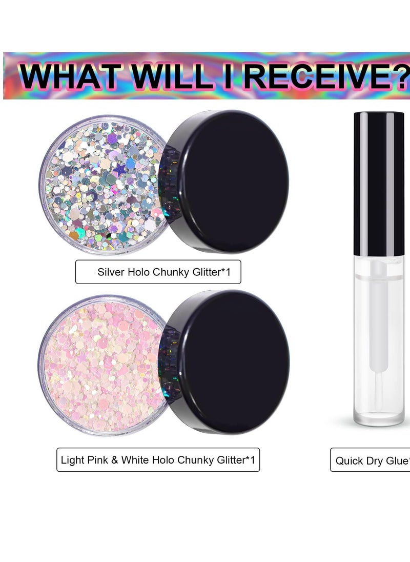 Silver and Light Pink&White Holographic Chunky Glitter Cosmetic Body Hair Face Eye Nail for Festival Carnival Concert Party Beauty Rave Accessories Different Shapes 14g+ Quick Dry Primer Glue Gel