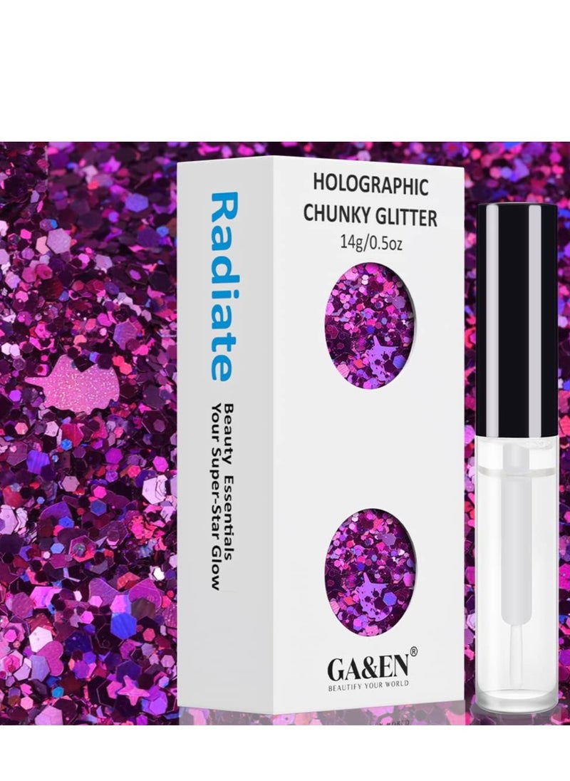 Purplish Red Holographic Chunky Glitter Cosmetic Body Hair Face Eye Nail for Festival Carnival Concert Party Beauty Rave Accessories Different Sizes&Shapes 2 Pots 14g/0.5oz+ Quick Dry Primer Glue Gel