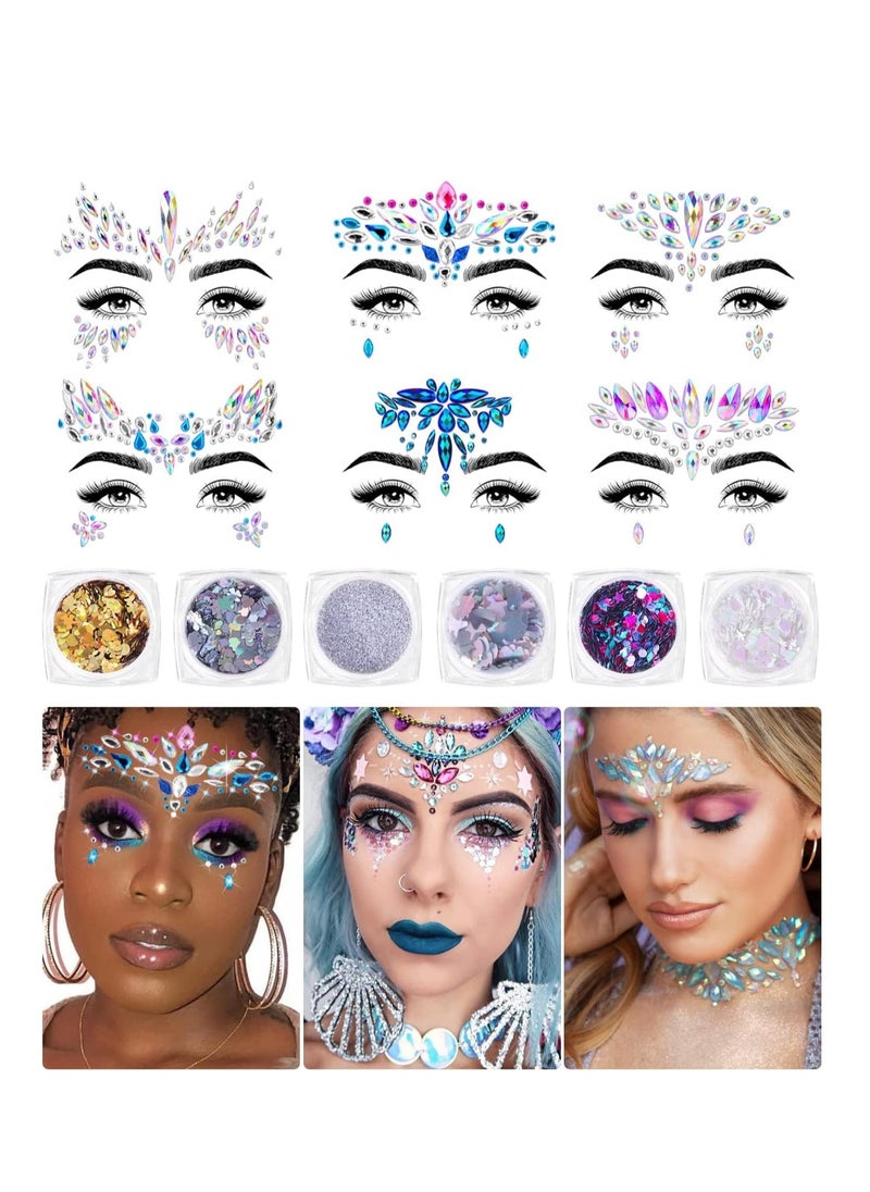 iMethod Face Jewels and Body Glitter - Face Gems, Mermaid Face Jewels Stick On, Holographic Cosmetic Face Glitter, for Festival Holiday Costumes & Halloween Alien Makeup, 12 Pcs