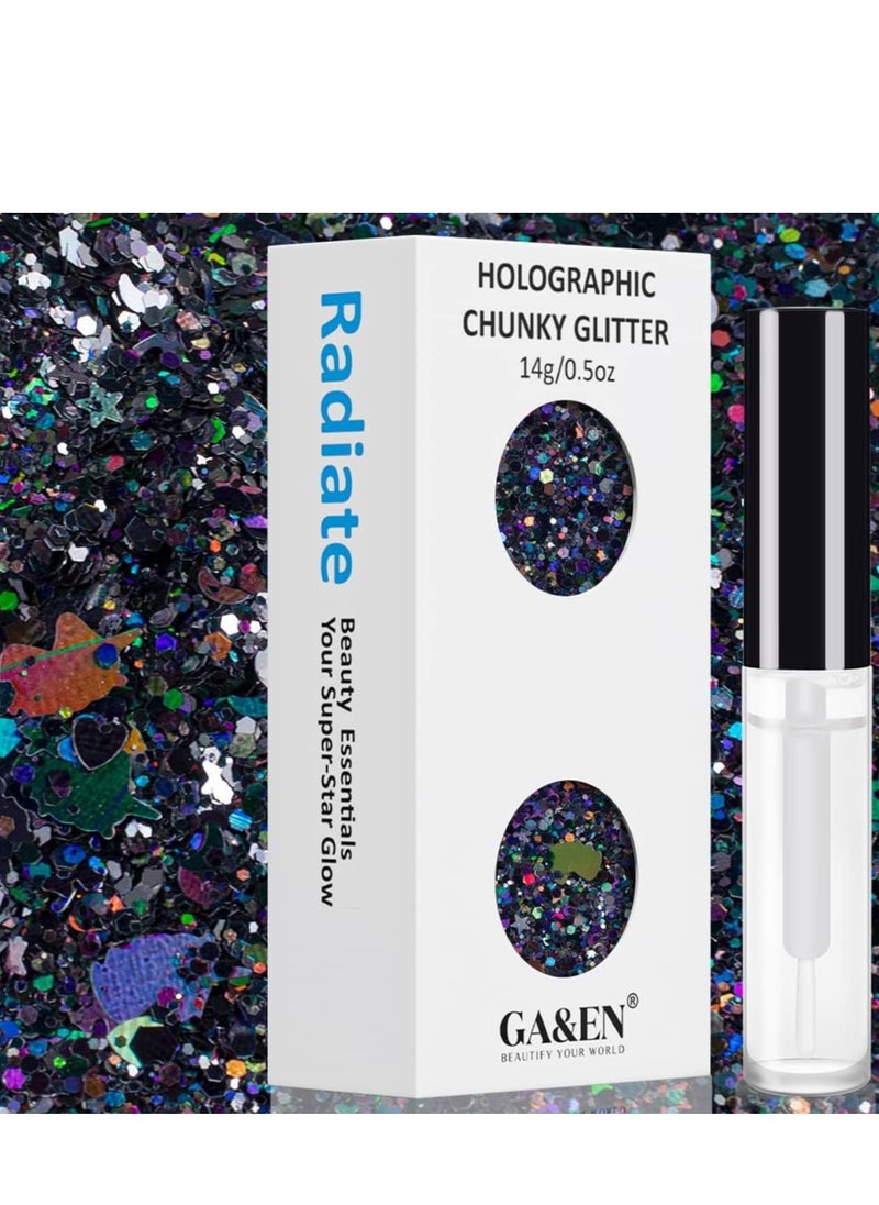 Black Holographic Chunky Glitter Cosmetic Body Hair Face Eye Nail for Festival Carnival Concert Party Beauty Rave Accessories Different Sizes&Shapes 2 Pots 14g/0.5oz+ Quick Dry Primer Glue Gel