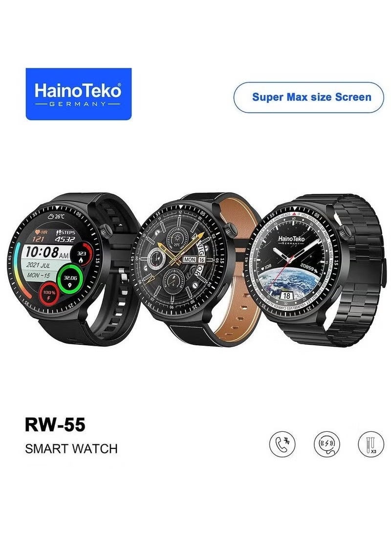 RW 55 Smartwatch – Super Curved AMOLED Display, 3 Strap Options, Charging Cable – Sleek Black Design for Men
