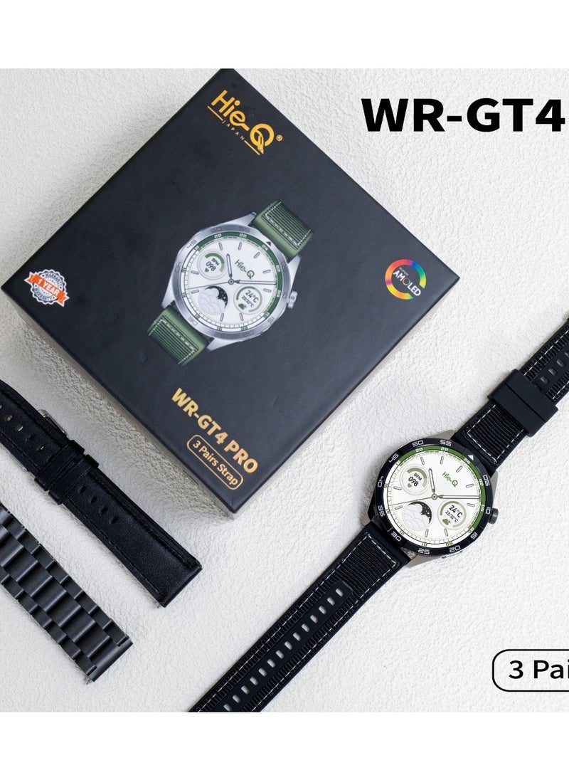 Hie-Q WR-GT4 PRO Smartwatch with 3 Pairs Strap, Super AMOLED Display, Fitness & Health Tracker, Japanese Technology, 1-Year Warranty