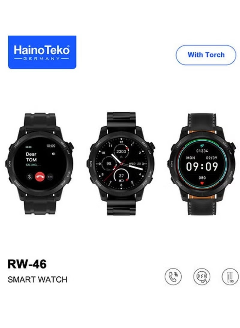 Haino Teko RW46 Smartwatch – Round AMOLED Display, Built-in Flashlight, 3 Strap Options, Wireless Charging – Sleek Black Design for Men & Boys