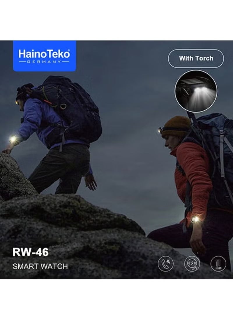 Haino Teko RW46 Smartwatch – Round AMOLED Display, Built-in Flashlight, 3 Strap Options, Wireless Charging – Sleek Black Design for Men & Boys