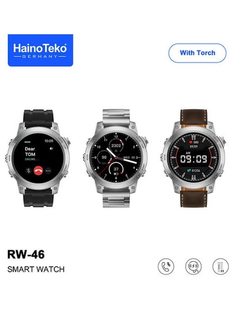 Haino Teko RW46 Smartwatch – Round AMOLED Display, Built-in Flashlight, 3 Strap Options, Wireless Charging – Sleek Black Design for Men & Boys