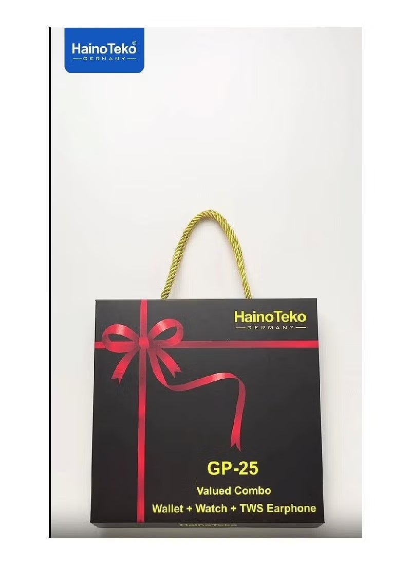 GP 25 Combo Set – Wallet, Watch, and TWS Earphones – Stylish and Practical Accessories in Random Colors, Ideal Gift for Men & Women, Perfect for Everyday Use