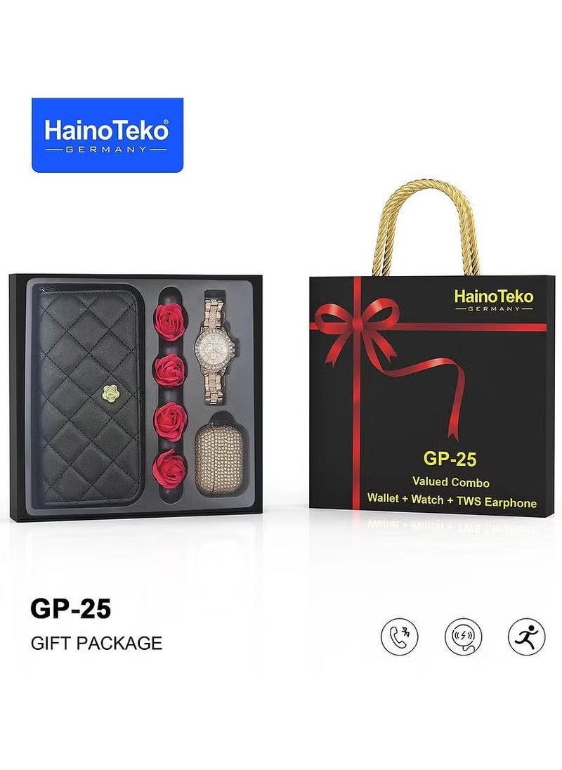 GP 25 Combo Set – Wallet, Watch, and TWS Earphones – Stylish and Practical Accessories in Random Colors, Ideal Gift for Men & Women, Perfect for Everyday Use