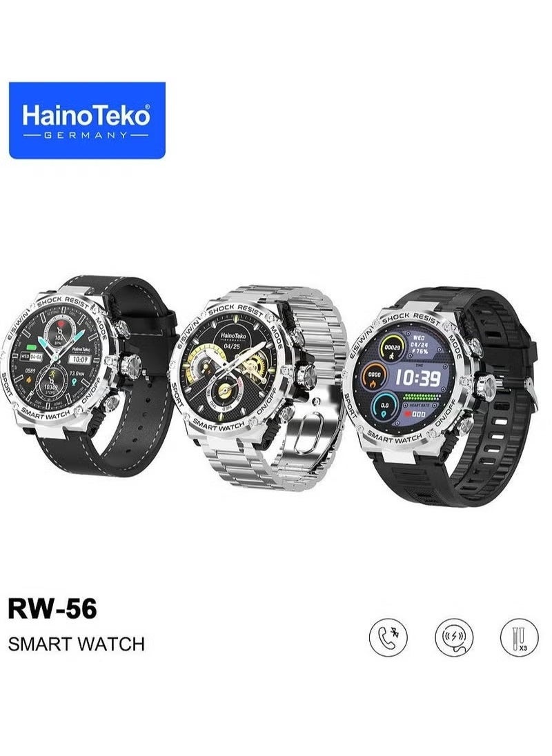 RW56 AMOLED Display Smart Watch – Round Shape, Wireless Charging, Fitness Tracker, Heart Rate Monitor, 3 Straps, Stylish and Functional – Black for Men & Boys