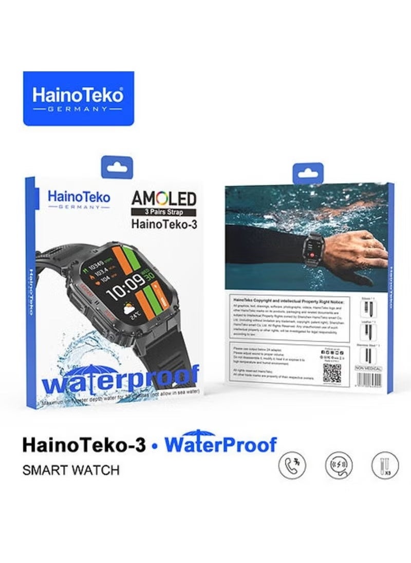 HainoTeko-3 AMOLED Smartwatch – 3 Strap Combo, Waterproof, Wireless Charging, Heart & Sleep Monitoring – Stylish Fitness Watch for Men & Women