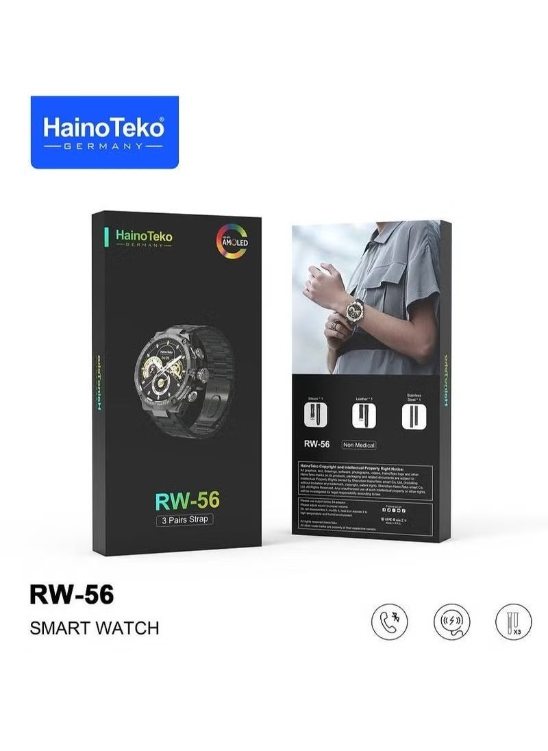 RW56 Smartwatch with 1.3-Inch Round AMOLED Display, Wireless Charging, 3 Interchangeable Straps, Fitness and Heart Rate Tracking, Smart Notifications, Stylish and Durable Design – Ideal for Men and Boys (Black)