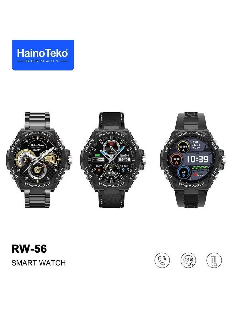 RW56 Smartwatch with 1.3-Inch Round AMOLED Display, Wireless Charging, 3 Interchangeable Straps, Fitness and Heart Rate Tracking, Smart Notifications, Stylish and Durable Design – Ideal for Men and Boys (Black)