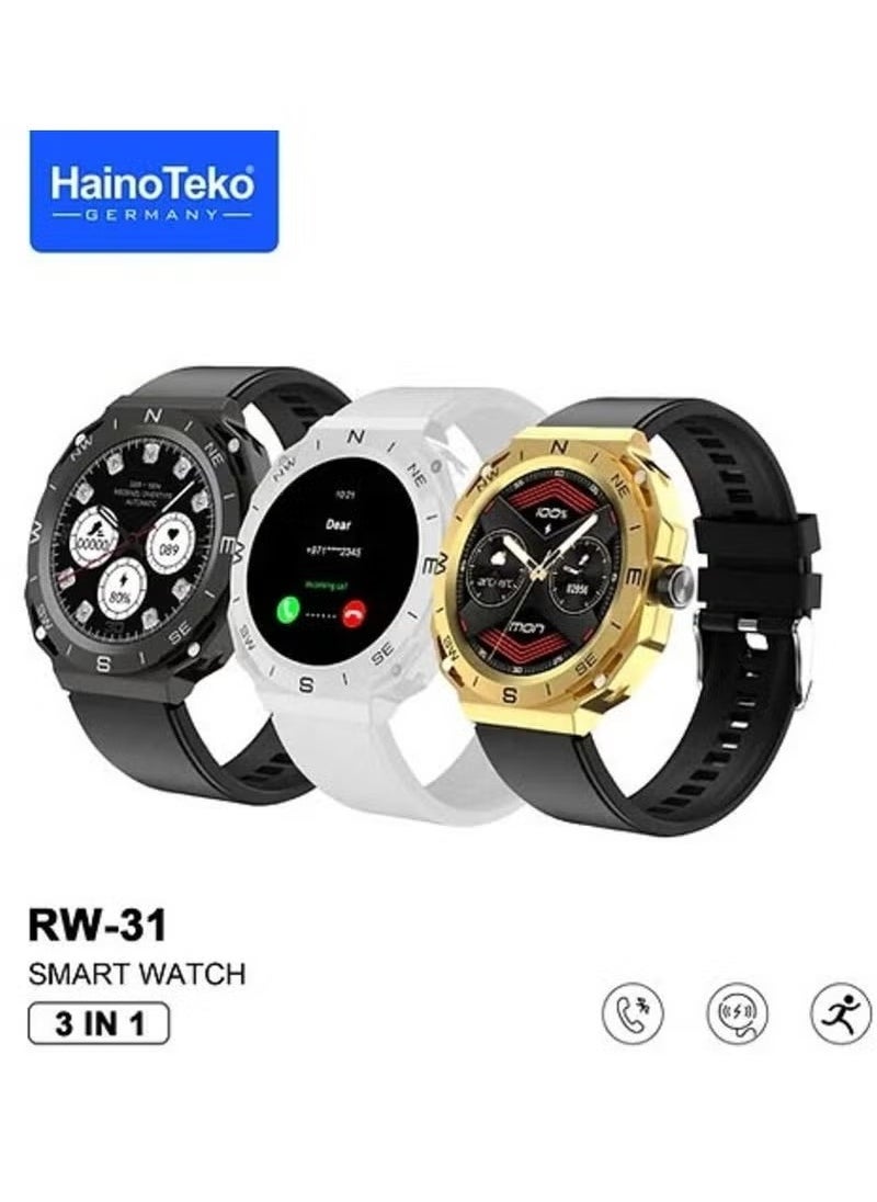 RW31 SmartWatch – 3-in-1 Triple Case, Fitness & Health Tracker, Heart Rate & Sleep Monitor, Multi-Sport Modes, IP68 Waterproof, Smart Notifications, Long Battery Life, 1.75-inch Touch Screen, Compatible with iOS & Android, Black