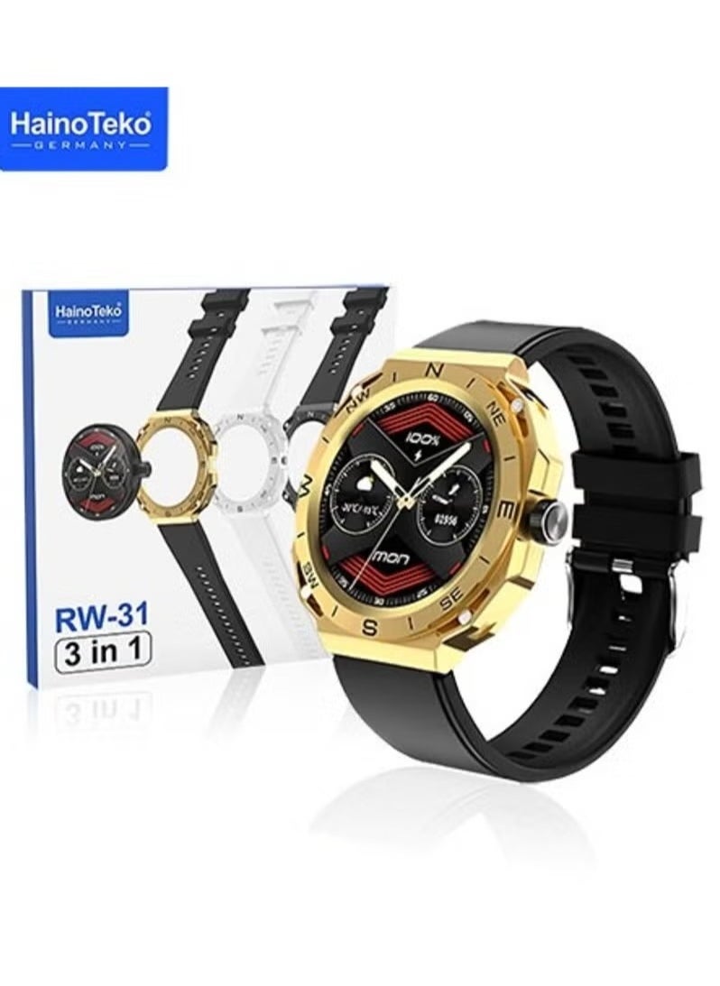 RW31 SmartWatch – 3-in-1 Triple Case, Fitness & Health Tracker, Heart Rate & Sleep Monitor, Multi-Sport Modes, IP68 Waterproof, Smart Notifications, Long Battery Life, 1.75-inch Touch Screen, Compatible with iOS & Android, Black