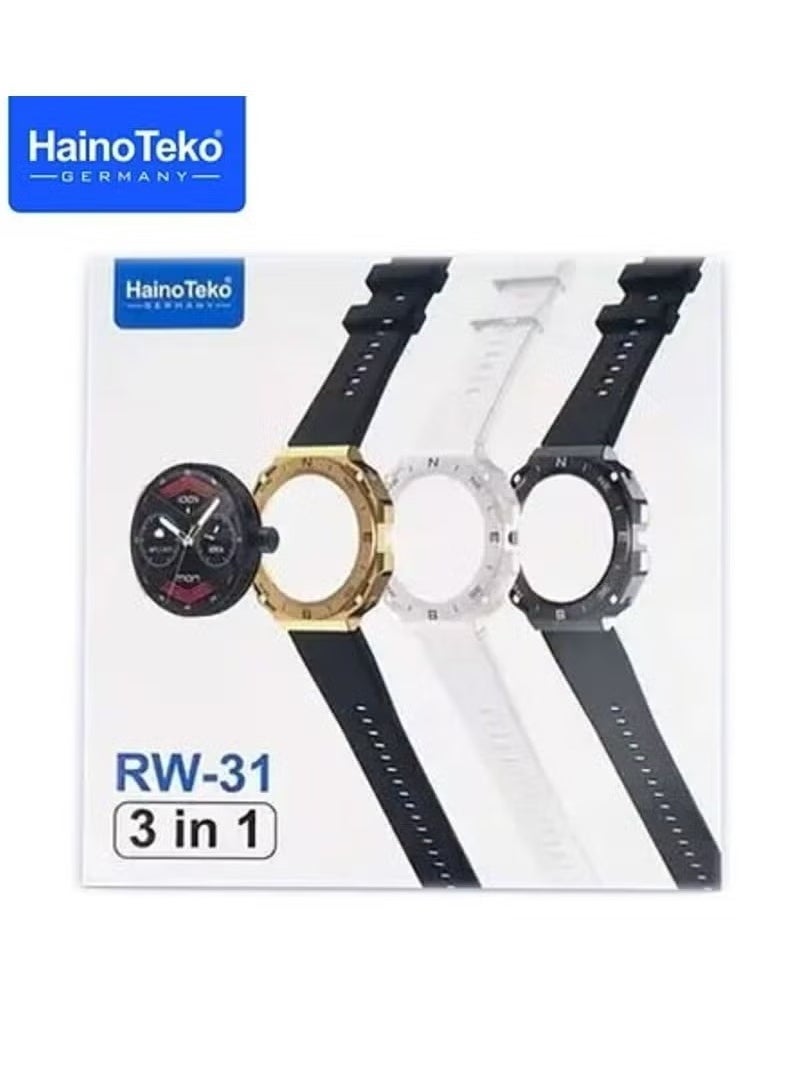 RW31 SmartWatch – 3-in-1 Triple Case, Fitness & Health Tracker, Heart Rate & Sleep Monitor, Multi-Sport Modes, IP68 Waterproof, Smart Notifications, Long Battery Life, 1.75-inch Touch Screen, Compatible with iOS & Android, Black