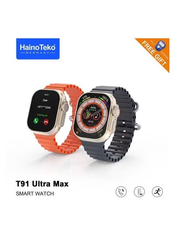 Haino Teko T91 Ultra Max Smartwatch – Extra-Large Display, Compass Feature, Waterproof Build, Dual Strap Set & Free Gift – Premium Fitness Watch for Men & Women