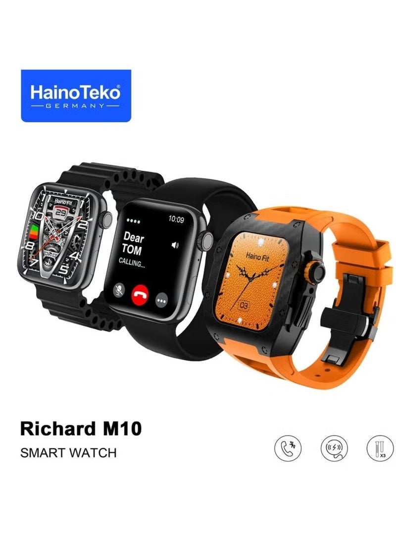 Richard M10 Smartwatch with Wireless Charging, 3 Interchangeable Straps, Built-in Protective Case, Heart Rate and Sleep Monitoring, Fitness Tracking, Custom Watch Faces – Stylish Design for Men and Boys