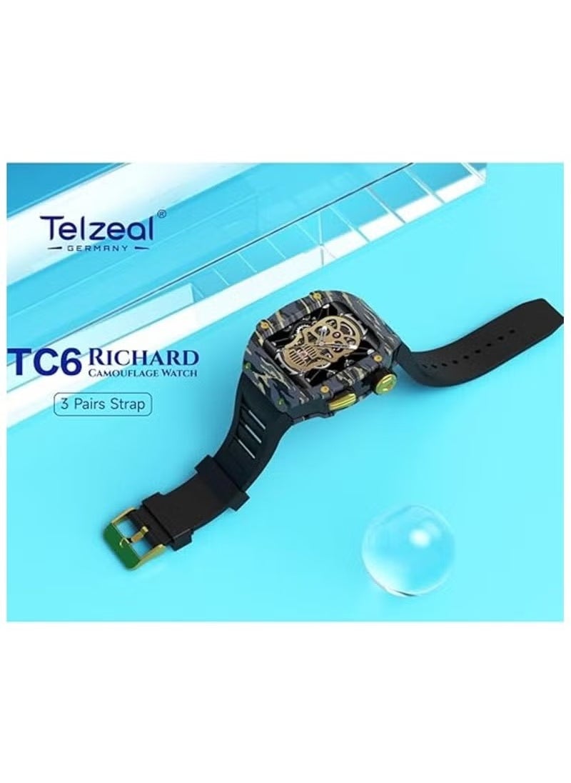 Telzeal Germany TC6 Richard Camouflage Watch – Black, 3 Pairs of Straps, Built-in Protection Case & Wireless Charger, Durable & Stylish Timepiece for Men & Boys