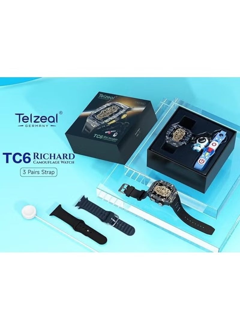 Telzeal Germany TC6 Richard Camouflage Watch – Black, 3 Pairs of Straps, Built-in Protection Case & Wireless Charger, Durable & Stylish Timepiece for Men & Boys