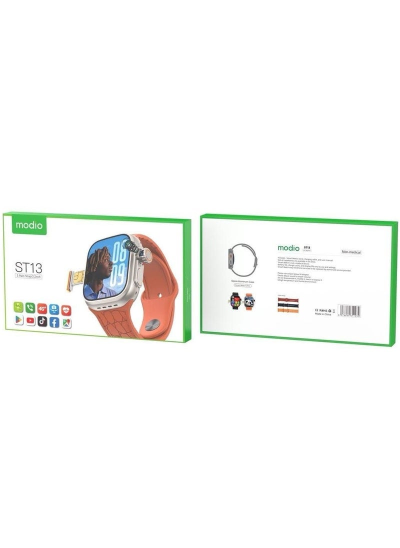 ST13 Smart Watch with 2.2 Inch Full Screen Display, SIM Card Slot, 3 Pairs of Straps, Heart Rate Monitor, Waterproof – Stylish Smartwatch for Men & Women
