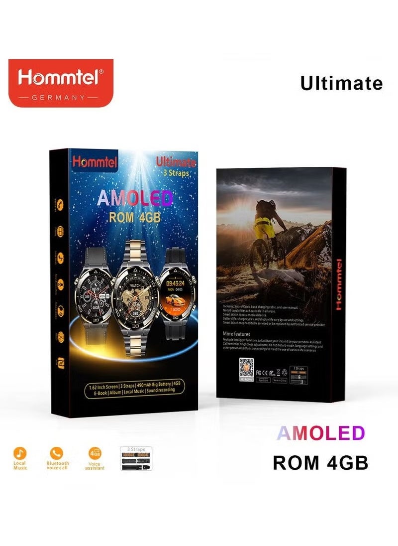 AMOLED Smartwatch with 3 Straps – 4GB Storage, Sleek Touchscreen, Fitness & Heart Rate Tracker, Waterproof, Customizable Straps, Long Battery Life – Perfect for Men and Women