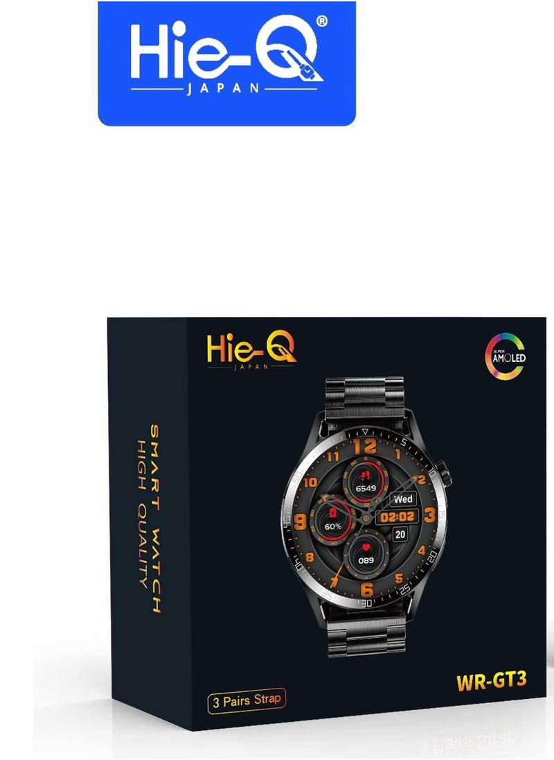 Hie-Q WR-GT3 Smartwatch with 3 Straps, IP67 Waterproof, Dynamic Island, Always-On Display, Fitness & Health Monitoring, Japanese Brand – Android & iOS Compatible