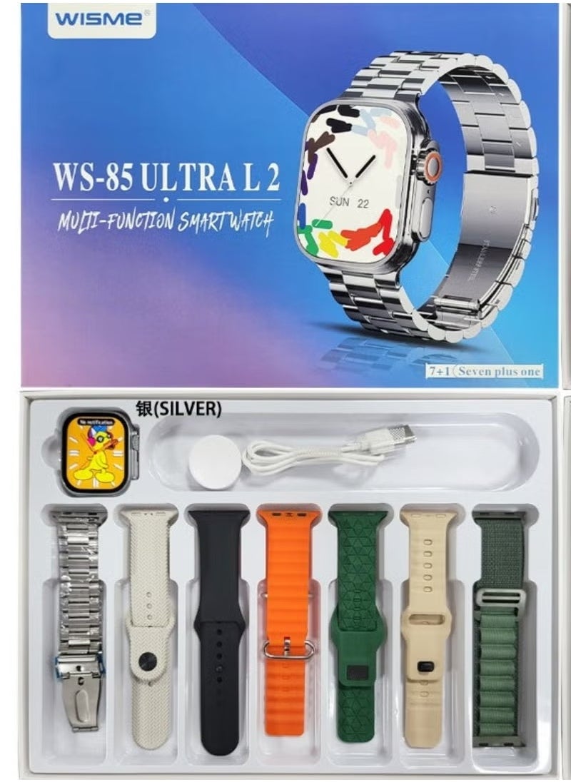 WS-85 ULTRA2 7-in-1 Smartwatch Set – 7 Strap Options, Waterproof, Long Battery Life, Health Tracking – Sleek Silver Design