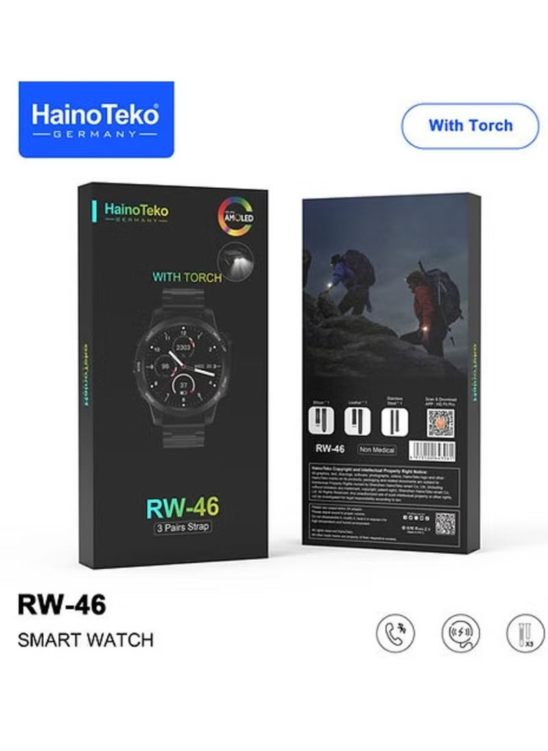 RW46 Round AMOLED Display Smartwatch with Built-in Torch, 3 Interchangeable Straps, and Wireless Charging – Stylish and Durable Design for Gents and Boys, Black